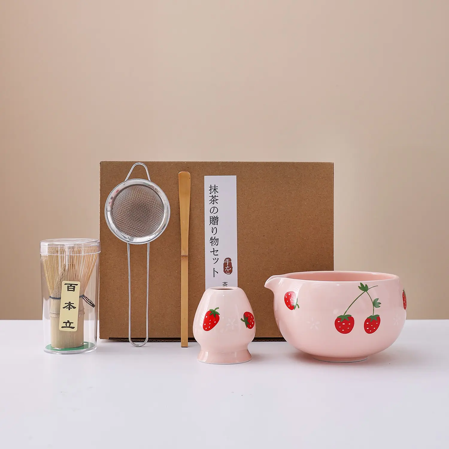 5pc Matcha Tool Set, Strawberry Print Ceramic Material, Bamboo Stand/matcha Bowl, Bamboo Matcha Whisk, Perfect for Home Gatherings, Ceremonial Matcha Kit Set, Tea Making Tools, Tea Accessories