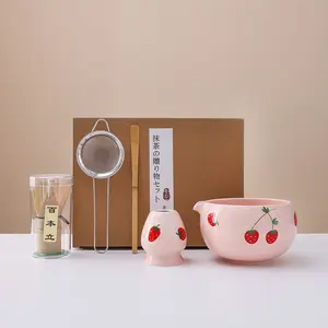 5pc Matcha Tool Set, Strawberry Print Ceramic Material, Bamboo Stand/matcha Bowl, Bamboo Matcha Whisk, Perfect for Home Gatherings, Matcha Kit Set, Tea Making Tools