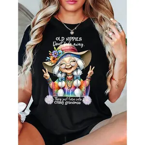 Plus Size, OLD HIPPIES Don't Fade Away They Just Turn into Crazy Grandmas Graphic Print Plus Size Women's T-shirt, Short Sleeve Crew Neck Casual Top for Summer & Spring, Women's Clothing