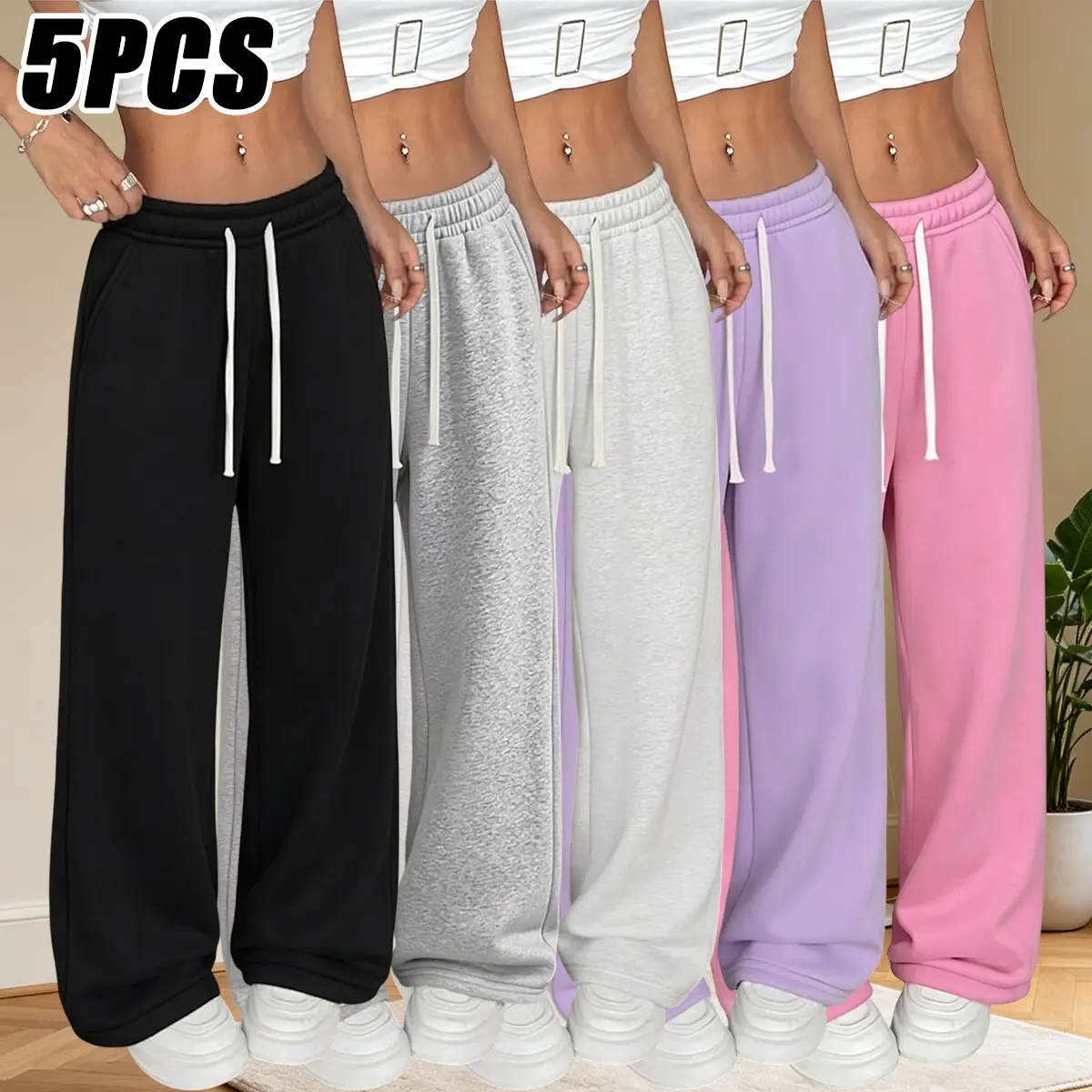 5-piece set, women’s athletic casual pants, loose wide-leg pants, solid color, elastic drawstring waistband, suitable for outdoor sports and everyday casual wear, women’s sweatpants, jogging pants, women’s long pants, women’s pants, womenswear