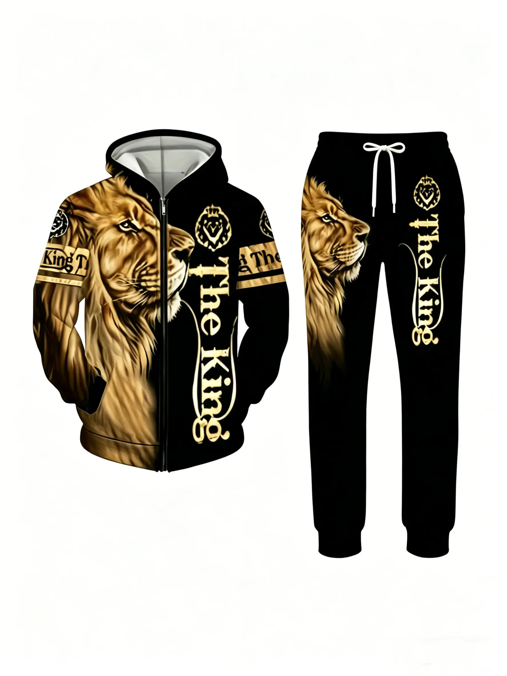 Men's casual two-piece hooded sweatshirt paired with pants, lion digital print selected high-quality fabric breathable and comfortable men's gift multi scene dressing fathersdaygift
