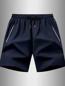 Men's Quick-Dry Five-Point Shorts, Side Pocket Zipper Elastic Drawstring Waist Casual Shorts, Lightweight Breathable Summer Surf Beach Pants, Athleisure Shorts
