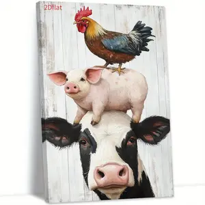 Featuring cow, pig, rooster, and other farm animals as themes, high-definition canvas decorative painting 11.8* 15.7inch (30* 40cm ) with wooden frame -- modern home decoration, can be directly hung in the living room or bedroom