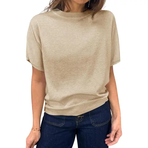 Womens Short Sleeve Sweater Casual Basic Crew Neck Loose Knit Pullover Tops Summer Lightweight Blouses