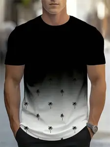 Men's Summer Coconut Tree Gradient Color 3D Print T-Shirt, Streetwear Oversized Short Sleeve Top, Slim Fit Casual Clothing