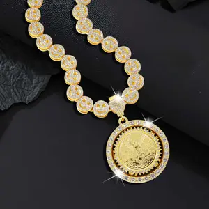 50 Peso Pendant 20inch Necklace - 14K Gold Plated Rhinestone Hip Hop Rap Style Pendant, Unisex Trendy Luxury Accessory, Suitable for Parties and Special Occasions, Worn Year-Round
