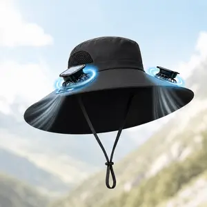 Solar-Powered Cooling Dual-Fan Wide Brim USB Rechargeable Breathable Bucket Hat with Chin Strap for Men, Fishing, Gardening (hat with fan)