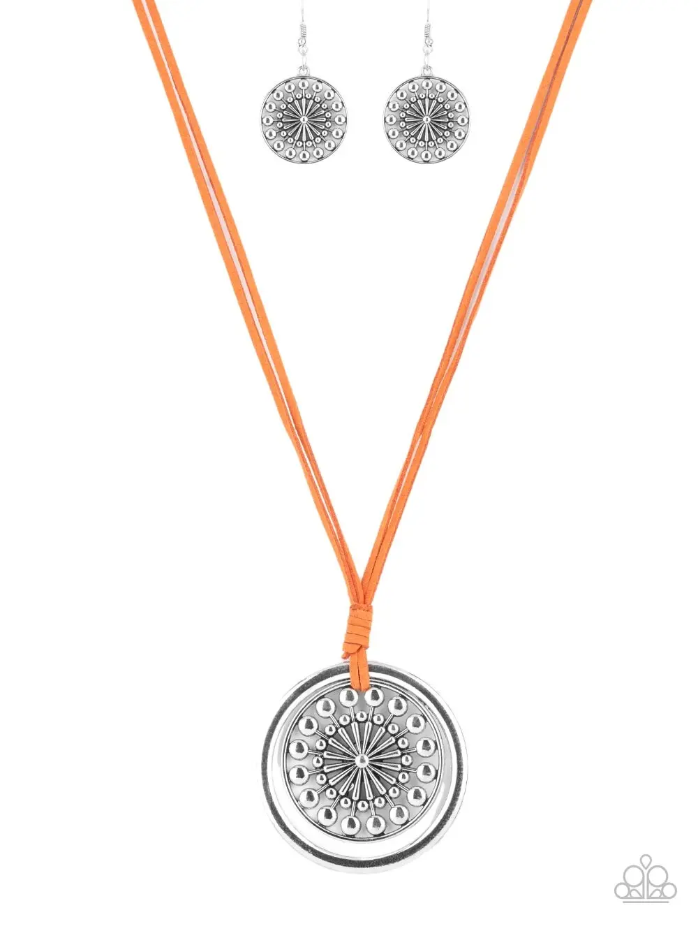 One MANDALA Show - Suede Corded Necklace - Silver Ring Outlines Studded Mandala Pendant on Double Corded Necklace