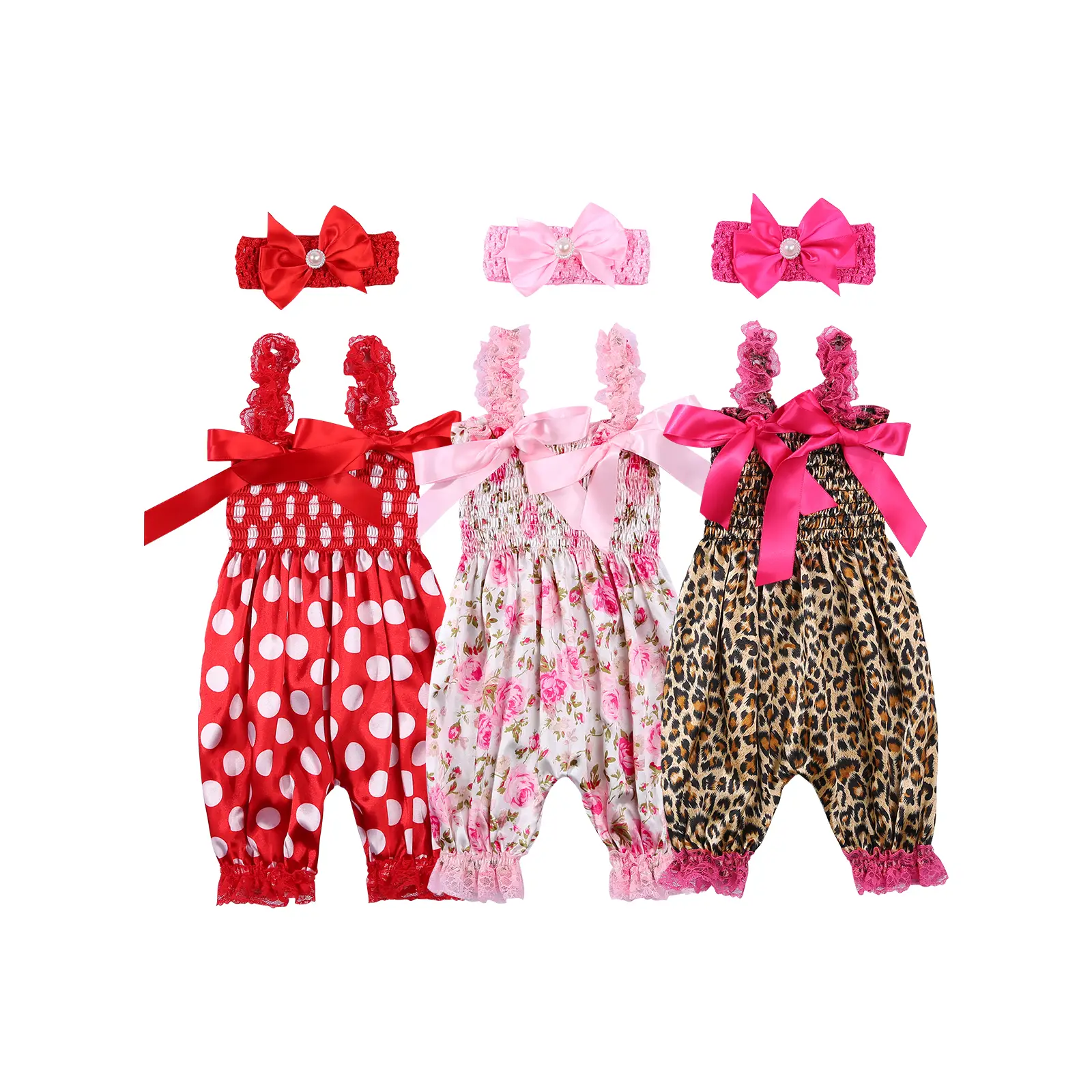 0-24M Toddler Baby Girl Jumpsuit with Headband, Dots/ Flower/ Leopard Print Sleeveless Romper with Elastic Shoulder Strap
