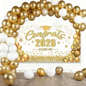 White & Gold 2026 Graduation Balloon Arch Kit with Banner for Class of 2026 Grad Party Decor