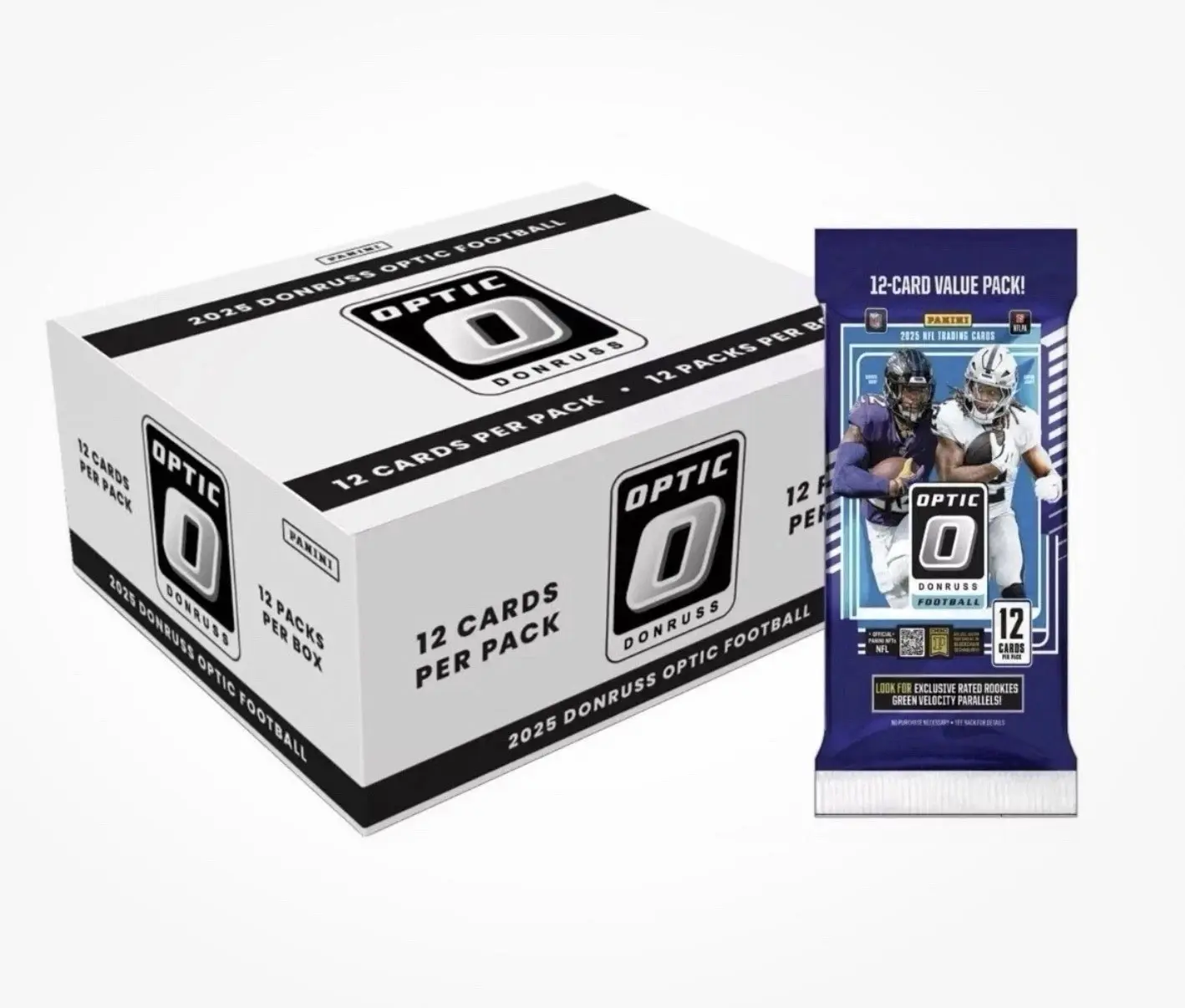 Panini 2025 Donruss Optic Football Fat Pack Box - 12 Packs with 12 Cards Each - Exclusive Green Velocity Parallels & Rated Rookies - Premium Chromium Finish