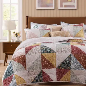 Quilt Set Twin Size, Patchwork Burnt Orange Floral Quilt Sets, Reversible Bedspread Lightweight and Breathable for All Seasons, Soft Quilted Bedspread with 1 Pillow Sham