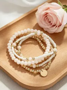 5-Piece Fashionable Jewelry Set, Women's Beaded Bracelets, Elastic Glass Beads, Round Pendant, Adjustable Party Vacation Bracelet Set