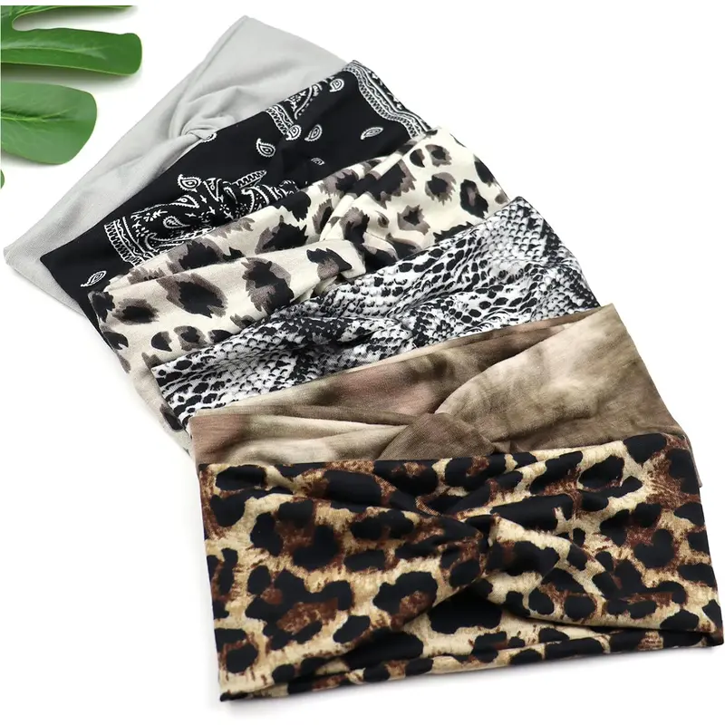 6pcs Boho Stretch Fashion Leopard Print Cross Hairbands Set, Comfortable Elastic Workout Headbands for Running Yoga Party Daily Wear, Zigzag Headband, Boho Hair Accessories