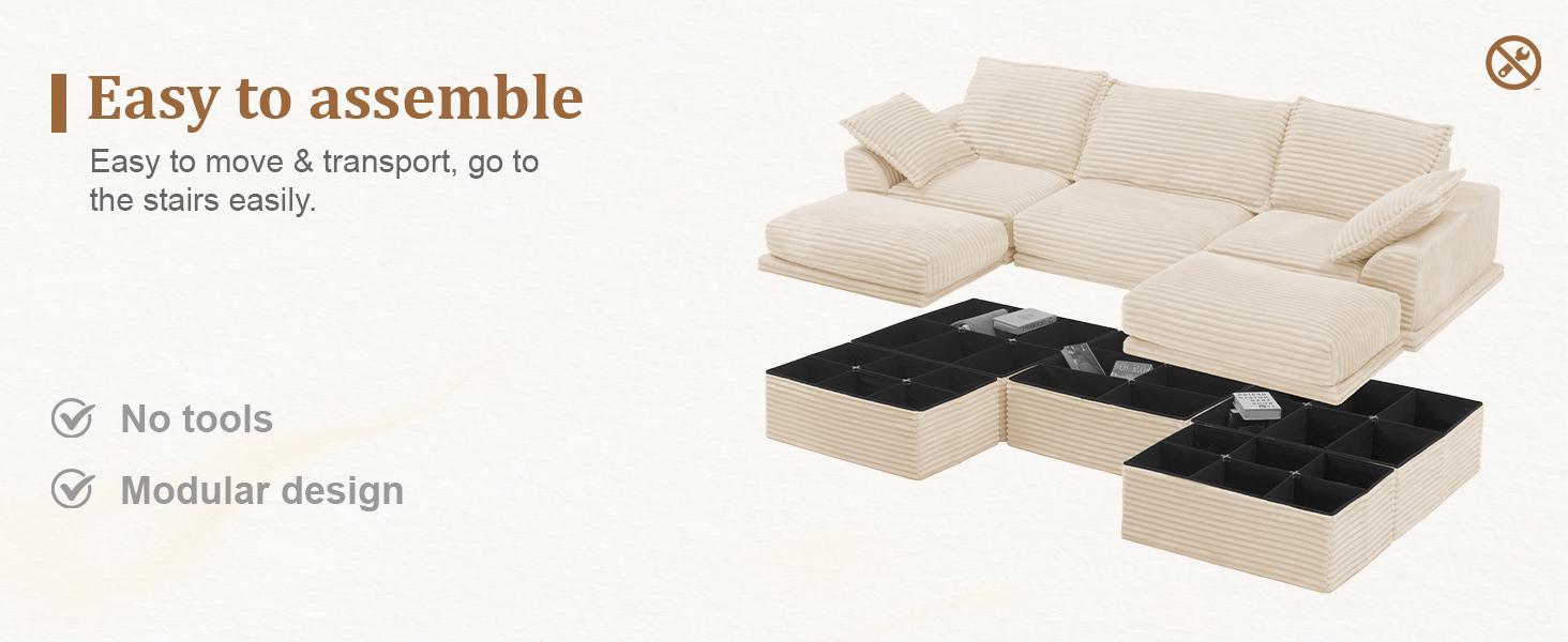 【3 Packages Shipping】NABUMI 107” Oversized Modular Sectional Sofa with Storage, Extra Deep&High Seat Corduroy Cloud Couch,  3 Seater U Shaped Couch with Ottomans, Comfy Fluffy, Free Combination, Tool-Free Assembly, Black, Beige, Dark Gray, Green