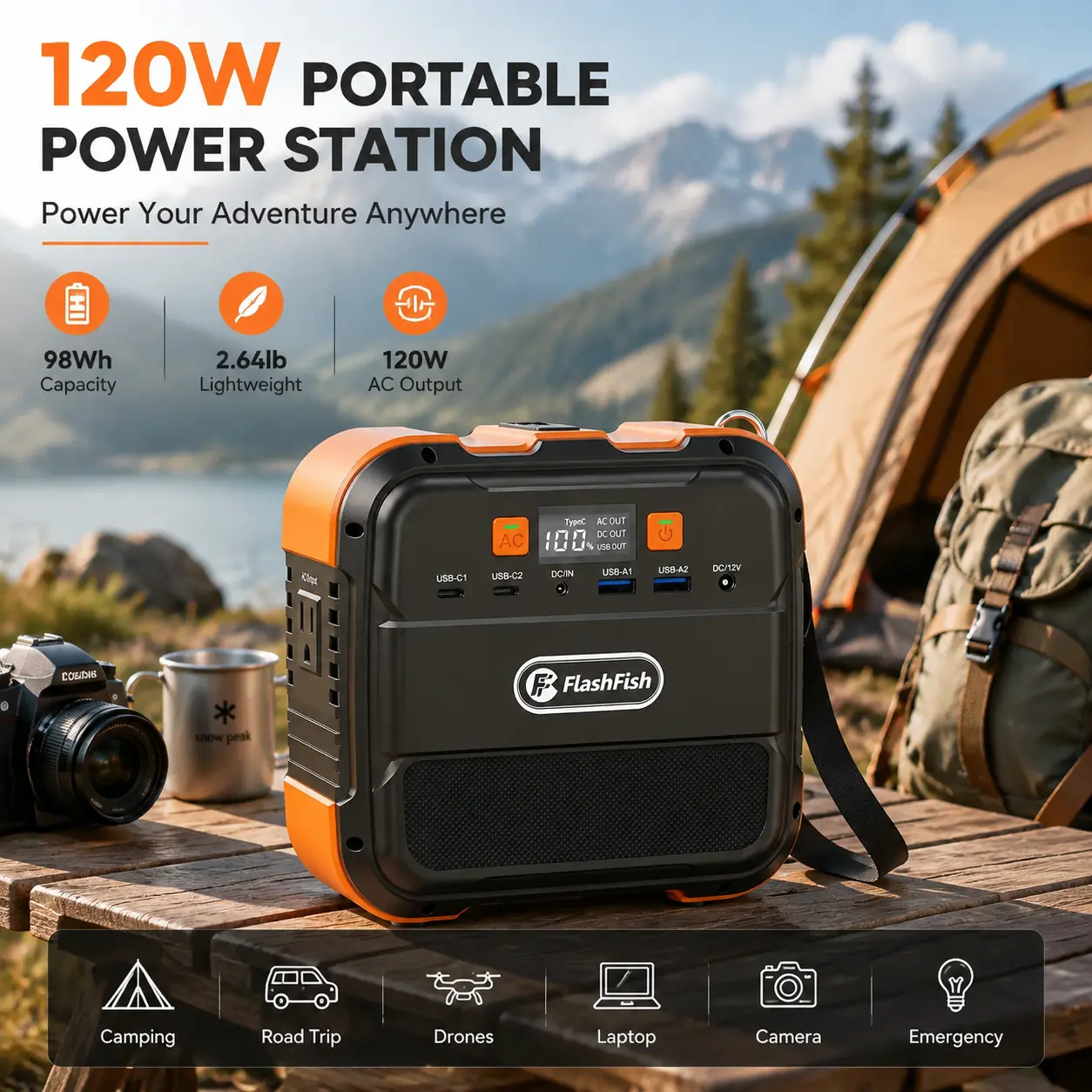 Flashfish 120W Portable Power Station, 98Wh/26400mAh Solar Backup Battery with AC, DC, Type-C, USB Ports & Flashlight, 110V Unit for Camping, RV Use