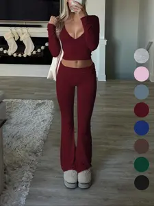 Slim-Fit Crop Top & Pants Two-Piece Set, Solid Color V-Neck Long Sleeve for Fall and Winter, Airport Outfit