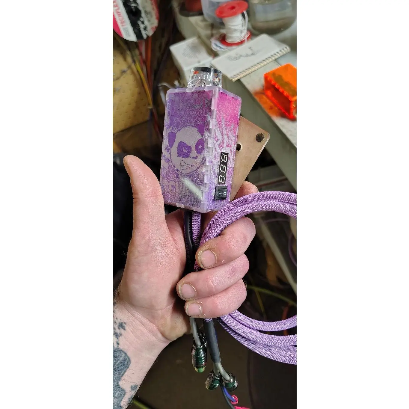 Pink and Purple Two Tone Flake Bass Knob with Graffiti Sacred Geometry Laser Wrap Bluetooth RGB Volt Meter Magnetic Mount 3ft Purple RCA Leads