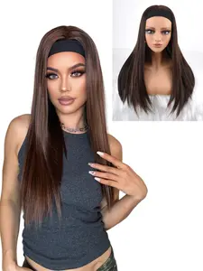 Women's 27-Inch Synthetic Wig with Ombre Highlights Headband, Straight Style, Heat-Resistant Fiber Material, Glueless Wig