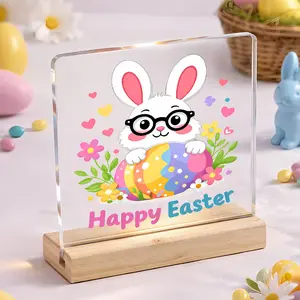 Acrylic Easter Bunny Tabletop Decor, Colorful Egg & Flower Design, Cute Spring Holiday Desk Sign, Wooden Base, Home, Office, Classroom Decor