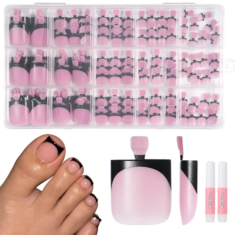 Toe Nail Press On and Fingernails Tips , 150pcs Square French 15 Sizes Thick Soft False Toe Nail and Fingernails Extension, Black Full Cover Acrylic for Women Nail Art DIY