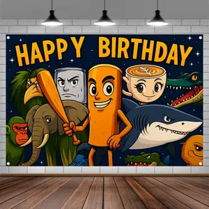 Starry Sky Birthday Cutie Group Banner, Backdrop Picture, Italian Brainrot Theme Decorative Cloth, Youth Birthday Scene Decoration, Artistic Emotional Value