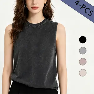 1/4 Pack Women's Loose Fit Sporty Retro Heavyweight Pure Cotton T-Shirt, Washed Loose Fit Sports T-Shirt, Sleeveless Vest, Women's Top, Shirt
