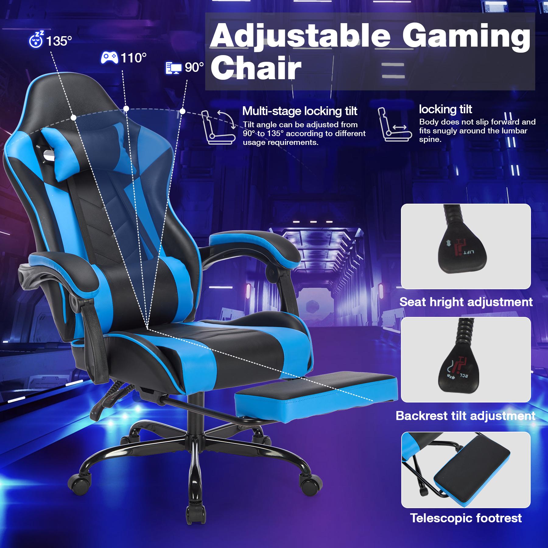 Video Game Chair Gaming Chair with Footrest, Ergonomic Computer Chair with Headrest,Lumbar Support Comfy Chair Recliner with Headrest, Fixed Up Armrest, Height Adjustable with 360° Swivel, for Adults