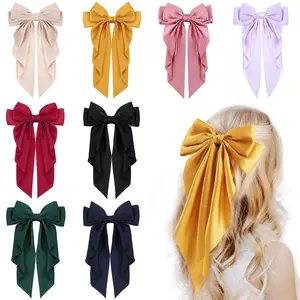 8Pcs Big Satin Layered Hair Bows for Women Girls 8 Inch Barrette Hair Clip Long Black Ribbon Bows French Style Hair Accessories