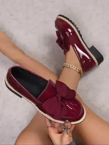 Women's Elegant British Style Vintage Classics Leather Shoes, Bowknot Decoration Slip-On Design, Anti-Slip Durable, Perfect for Casual and Formal Occasions