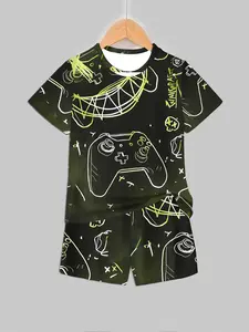Men's Gaming Style Short Sleeve Two-Piece Set, Fluorescent Line Game Controller Print, Comfortable Summer Wear, Casual Fitted Tee