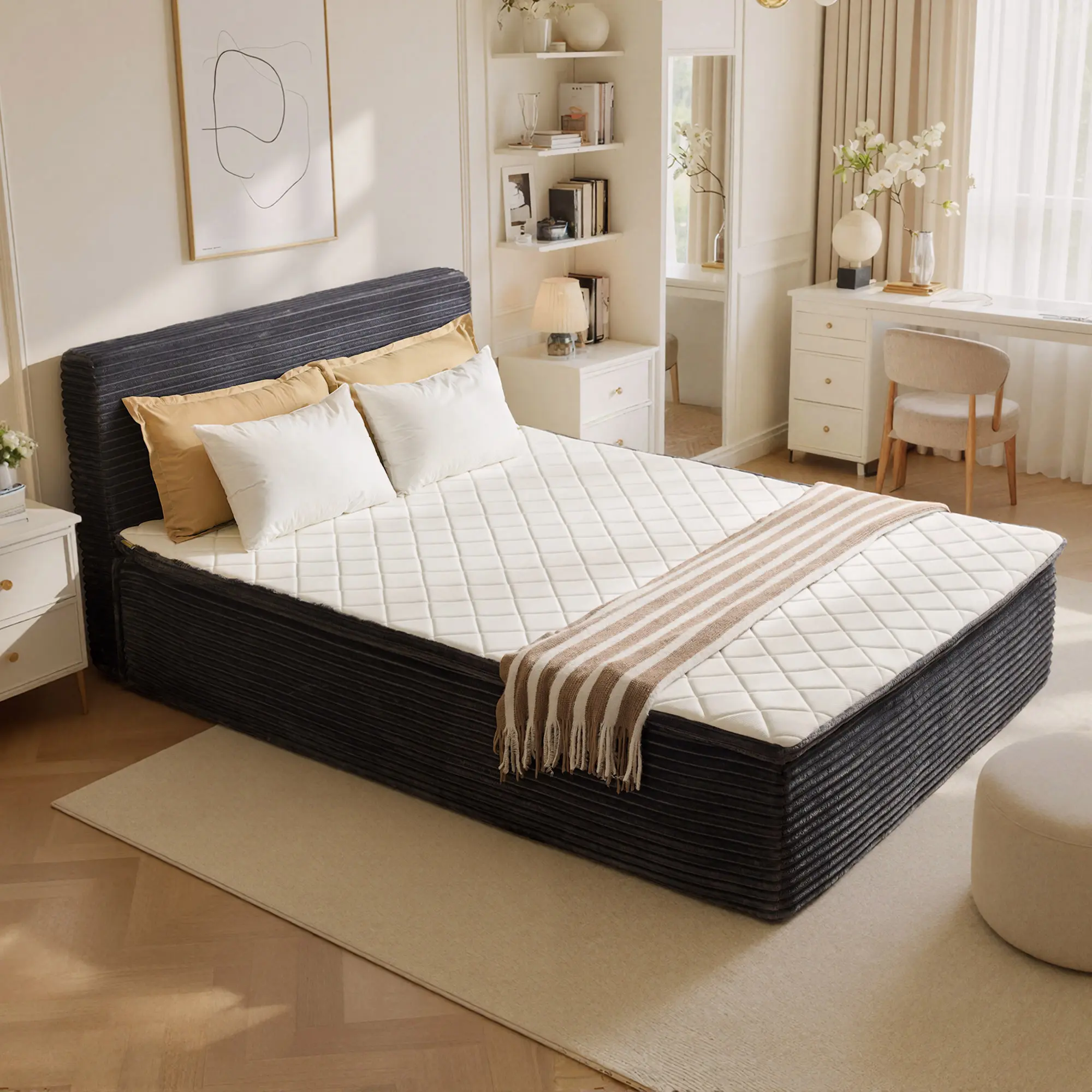 ALTRIGUS Modern Boneless Bed All-in-One, Floor Bed with Cloud Plush Corduroy For Deep Sleep, Medium Firm Memory Foam for Back Pain Relief, Motion Isolation Mattress in a Box & No Assembly