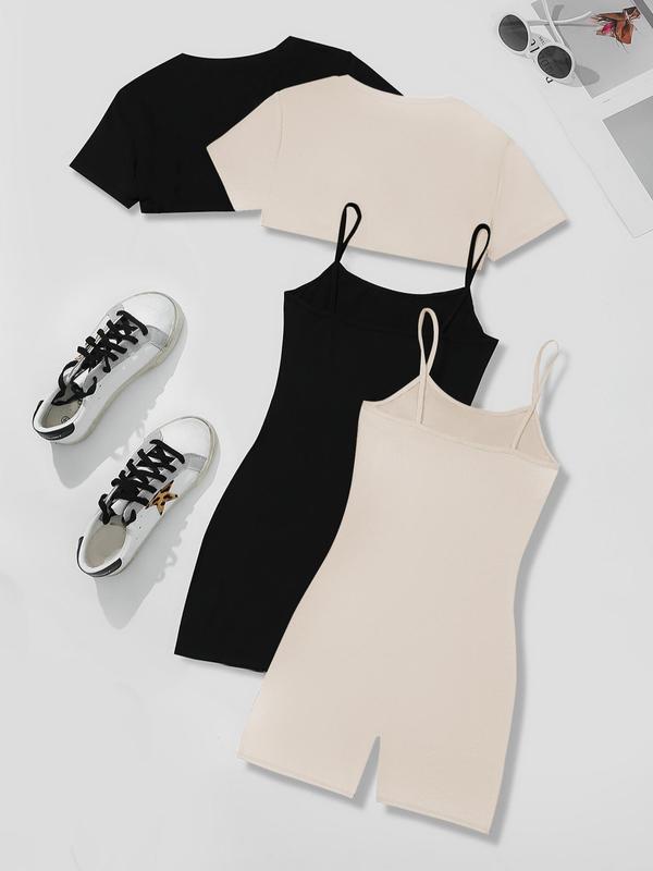 Four-Piece Set Women's Solid High Low Crop Tee & Cami Romper, Casual Short Sleeve Super Crop Top & Sleeveless Bodycon Romper, Summer Outfits 2025, Cute Summer Outfit