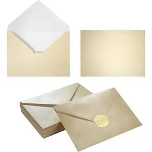 50 Pieces Shiny Envelopes with Gold Stickers for Wedding Invitation Cards Graduation Baby Shower Greeting Cards Cream Color A7 5x7