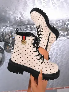 Women's Polka Dot Boots, Fall Winter New Thick Sole Side Zip Short Boots, Vintage College Style Laces Versatile Motorcycle Boots