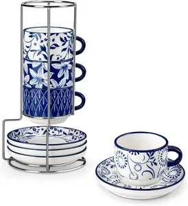 vancasso SELENE Vintage Blue Espresso Cups Set of 4, Porcelain Stackable Cappuccino, Espresso & Tea Cups with Metal Stand, Demitasse Coffee Set, Space-Saving Design for Coffee & Tea Bar, Home Use