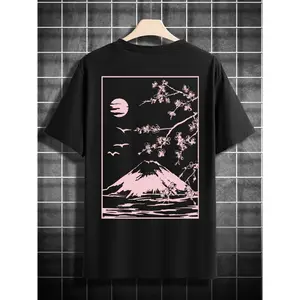 Stylish Mountain Print T-Shirt for Men - Soft Polyester & Elastane Blend, Round Neck, Short Sleeve, Machine Washable, Breathable, Comfortable Summer Wear with Relaxed Fit