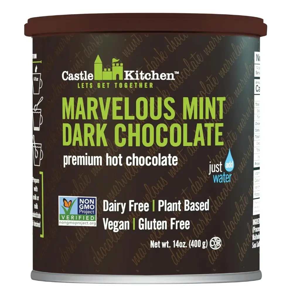 Castle Kitchen Mint Dark Hot Chocolate - Winter Favorite - Premium Plant Based, Dairy Free, Gluten-Free, Vegan Hot Coca Mix - Just Add Water - 14 oz