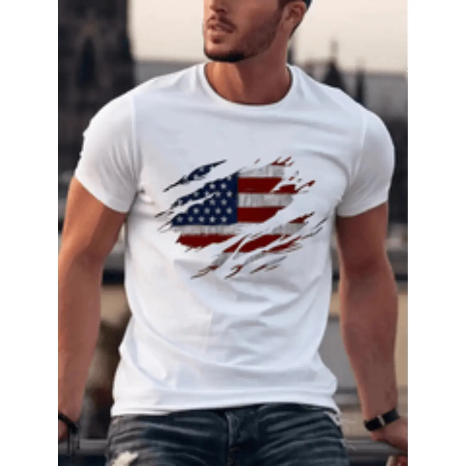 Cotton a mens   exquisite pattern printed t shirt with american flag print round neck   pure cotton short sleeved t shirt trendy pattern t shirt printed t shirt high end pure cotton t shirt white