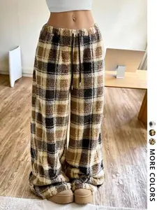 Women's Plaid Flannel Sweatpants Leopard Print, Warm Fleece Lined, Drawstring Waist, Casual Streetwear, Hip Hop Dance School StyleGift