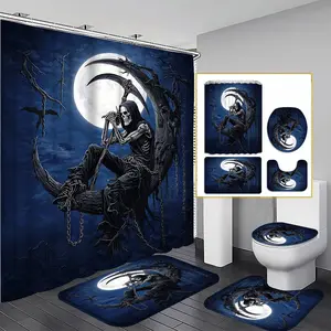 1/3/4PCS Halloween Skeleton Shower Curtain set, Dark Blue Moonlit Scene Bathroom Decor, Accessories with Bath Mat, U-shaped Mat, Toilet Lid Cover, 12 Hooks 180x180cm Curtain, Spooky Halloween, Home Decor, bathroom accessories.