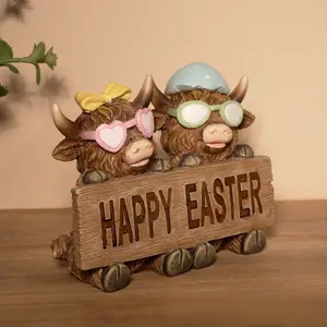 Couple Holding Cards Easter Highland Cow Ornament, Easter Atmosphere Desktop Resin Decoration, Garden Decoration, Creative Ornament