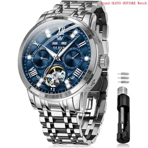Brand OLEVS Automatic Watches for Men Self Winding Mechanical Skeleton Luxury Dress Stainless Steel Diamond Men Wrist Watches