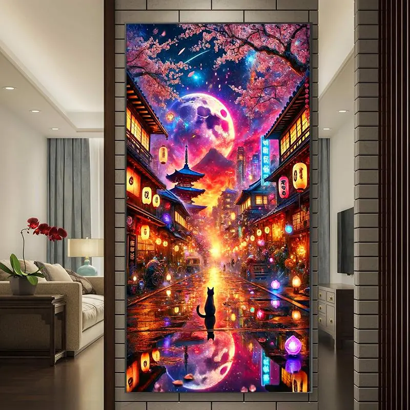 Sakura Alley Street Pattern DIY Diamond Arts Colorful Painting Kit without Frame, DIY 5D Diamond Arts Colorful Painting Kit, Wall Art Decor for Home