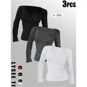 3pcs autumn and winter women's casual fashion sports multi button round neck solid color long sleeved top mixed three piece set