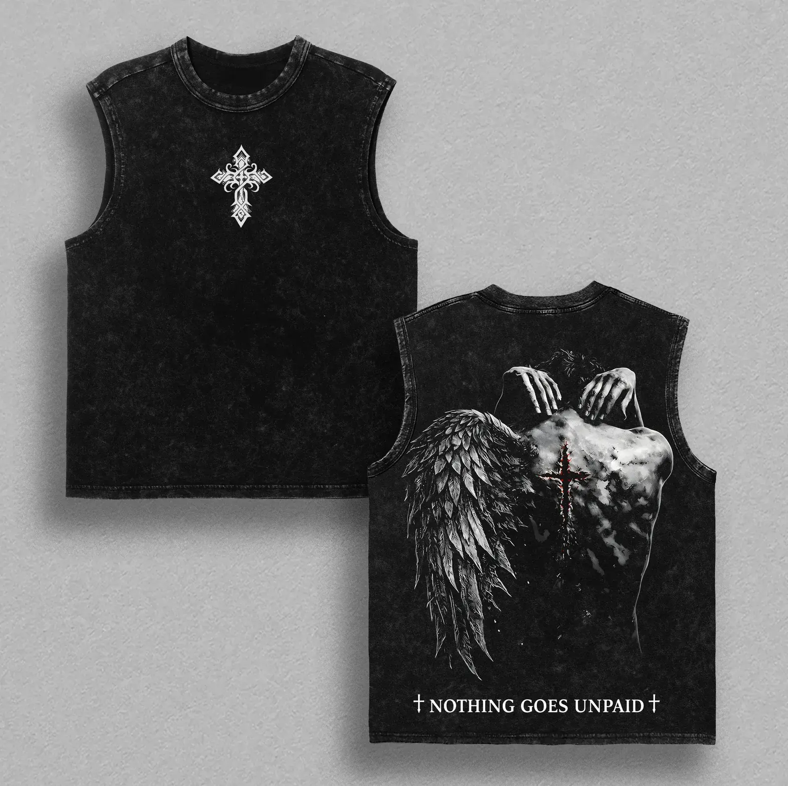 Nothing Goes Unpaid Christian Shirt Tank Top Hoodie Sweatshirt Vintage Washed Angel Wings Cross Back Graphic Faith Over Pain Jesus Redemption Streetwear Gift for Believers Fathers Day Gifts