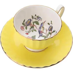 Pembroke Glaze Oban 2-Piece Fine Bone China Tea Cup & Saucer – 6 oz (180 ml), hand-painted floral design with gold trim – vintage gift set – yellow