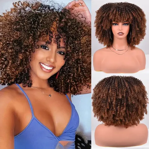 YUFEIHE Afro Wig for Women Short Kinky Curly Synthetic Hair with Bangs - 12in Heat-Resistant Fiber, Adjustable Rose Mesh Cap (21"-22.5"), 70s Party Costume, Bouncy Plump Curl Look, Black