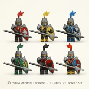 6Pcs Medieval Knight Minifigures Set, Castle Soldiers Warrior Army with Full Armor, Unique Heraldry Shields & Spears, for Building Block Toy Battle Scenes, Gift for Kids & Collectors, Compatible with Major Brands