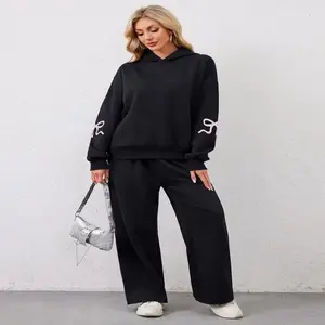 Women's 2 Piece Outfits Bow Trim Print Hoodie  Sets Oversized Sweatshirt Wide Leg Sweatpants With Pockets   Lounge Set sweatsuit Casual Cotton Womenswear Clothes Bottom Breathable